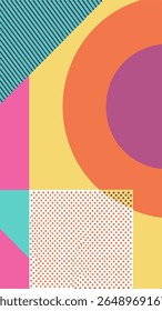 Um fundo abstrato geométrico vibrante com formas e padrões arrojados em uma paleta de cores divertida, evocando um estilo de design retrô ou Memphis.