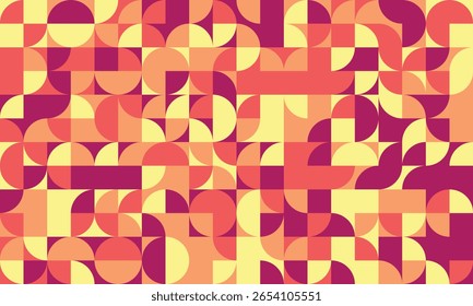 Vibrant geometric abstract background featuring a captivating mosaic of circles, squares, and semicircles in warm, sunset hues.