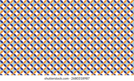 Fondo abstracto geométrico vibrante con Formas de pétalos circulares de colores en azul naranja y azul marino sobre blanco, perfecto para Fondos de pantalla, textiles, envases y proyectos creativos