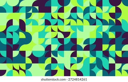 Fondo abstracto geométrico vibrante.  Los modernos semicírculos verde azulado, verde y púrpura crean un patrón dinámico y divertido ideal para Anuncios de Sitio web, publicaciones en redes sociales o diseños textiles.