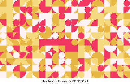 Vibrant geometric abstract background.  Modern midcentury style pattern with circles, squares, and halfcircles in bold red and gold hues.