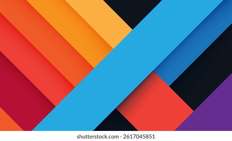 Vibrant geometric abstract background with overlapping diagonal shapes in bold, saturated colors including blue, orange, red, black, and purple.