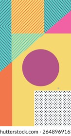 A vibrant geometric abstract composition featuring diagonal stripes in teal and orange, a large purple circle on a yellow background, and a polka dot pattern.