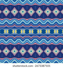 Vibrant geometric abstract with diamond shapes and colorful wave patterns, perfect for textile, wallpaper, or digital art. Keywords: abstract, pattern, texture, geometric, seamless.