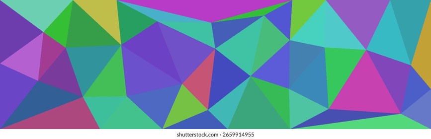 Patrón abstracto geométrico vibrante con polígonos coloridos en verde, azul, púrpura, rosa y amarillo, creando un arreglo visual dinámico y animado.