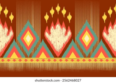 Vibrant Geometric and Abstract Pattern with Diamond Shapes and Flame-like Motifs on a Warm Brown Background, Featuring Symmetrical and Repetitive Designs in Red, Yellow, Green, and Cream