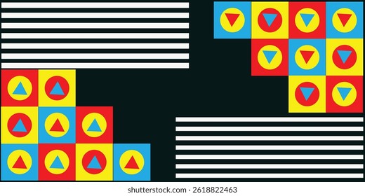 Vibrant Geometric Abstract Pattern with Red, Yellow, and Blue Squares and Triangles