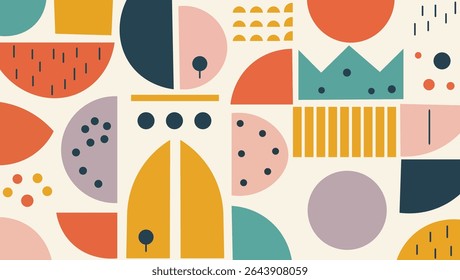 Vibrant geometric abstract seamless pattern in modern style with playful colorful shapes
