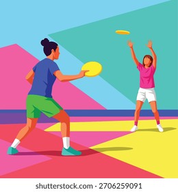 Vibrant geometric abstract vector art featuring two people playing frisbee with bold, flat colors and sharp shapes.