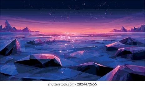 Vibrant Geometric Alien Landscape with Sunset and Starlit Sky