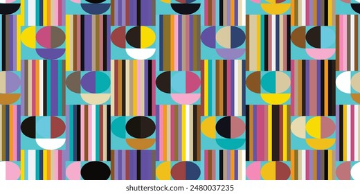 Vibrant geometric art featuring stripes and circles in various bright and bold colors with a modern aesthetic.