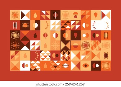 A vibrant geometric artwork featuring abstract symbols, eyes, triangles, and patterns in warm earthy tones. The design blends modern aesthetics with tribal and minimalist influences.