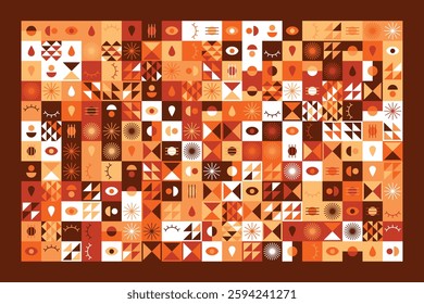 A vibrant geometric artwork featuring abstract symbols, eyes, triangles, and patterns in warm earthy tones. The design blends modern aesthetics with tribal and minimalist influences.