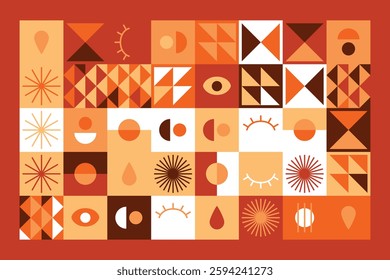A vibrant geometric artwork featuring abstract symbols, eyes, triangles, and patterns in warm earthy tones. The design blends modern aesthetics with tribal and minimalist influences.