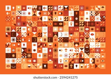 A vibrant geometric artwork featuring abstract symbols, eyes, triangles, and patterns in warm earthy tones. The design blends modern aesthetics with tribal and minimalist influences.