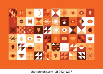 A vibrant geometric artwork featuring abstract symbols, eyes, triangles, and patterns in warm earthy tones. The design blends modern aesthetics with tribal and minimalist influences.