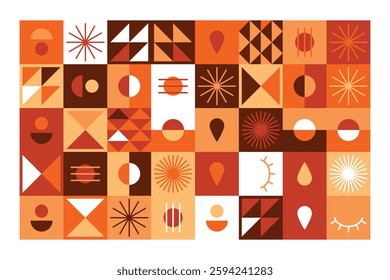 A vibrant geometric artwork featuring abstract symbols, eyes, triangles, and patterns in warm earthy tones. The design blends modern aesthetics with tribal and minimalist influences.