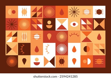 A vibrant geometric artwork featuring abstract symbols, eyes, triangles, and patterns in warm earthy tones. The design blends modern aesthetics with tribal and minimalist influences.