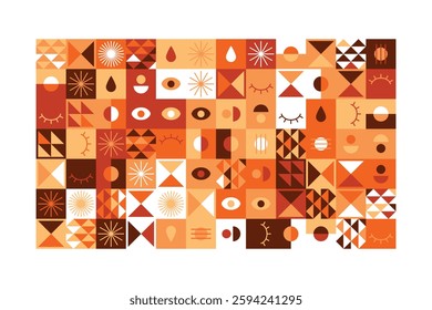 A vibrant geometric artwork featuring abstract symbols, eyes, triangles, and patterns in warm earthy tones. The design blends modern aesthetics with tribal and minimalist influences.