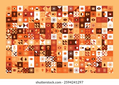 A vibrant geometric artwork featuring abstract symbols, eyes, triangles, and patterns in warm earthy tones. The design blends modern aesthetics with tribal and minimalist influences.
