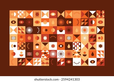 A vibrant geometric artwork featuring abstract symbols, eyes, triangles, and patterns in warm earthy tones. The design blends modern aesthetics with tribal and minimalist influences.