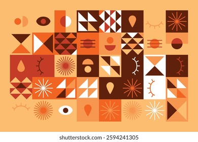 A vibrant geometric artwork featuring abstract symbols, eyes, triangles, and patterns in warm earthy tones. The design blends modern aesthetics with tribal and minimalist influences.