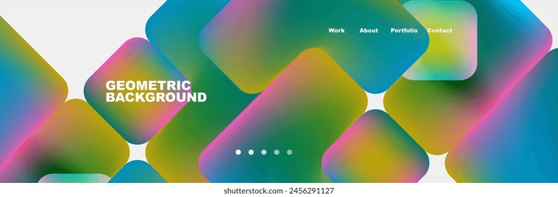 A vibrant geometric background with colorful squares on a white backdrop. Shades of purple, violet, aqua, magenta, and electric blue create a mesmerizing display