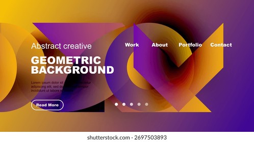 Lebhaftes geometrisches Hintergrunddesign. Enthält Text, Navigationselemente sowie farbenfrohe Formen. Moderne Ästhetik, passender Webseitenkopf.