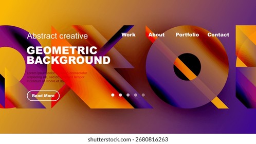 Vibrant geometric background design. Modern website header with text, navigation, button. Gradient colors create dynamic visual effect.