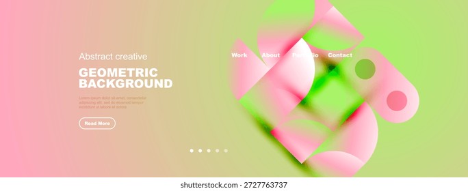 Vibrant geometric background features gradients, shapes, text elements. Modern design suitable for website header or banner.