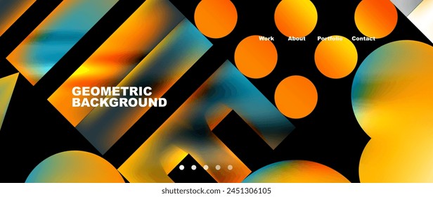 A vibrant geometric background featuring circles and squares in shades of orange, amber, and electric blue on a black backdrop. The pattern adds colorfulness and light to the design