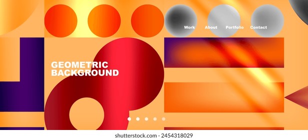 A vibrant geometric background featuring circles, squares, and rectangles in shades of amber, orange, and red. Closeup view showcasing the intricate patterns and material properties with a bold font