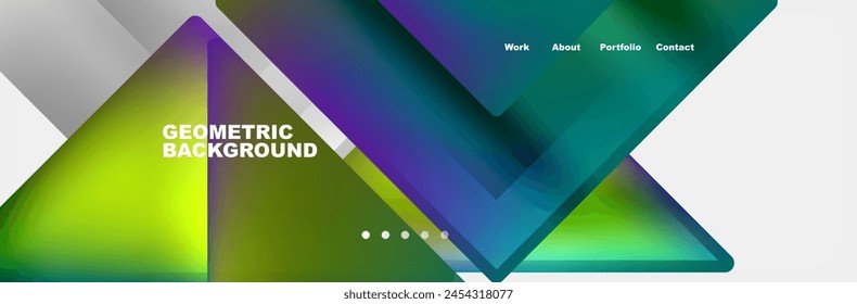 A vibrant geometric background featuring colorful triangles in shades of purple, violet, magenta, and electric blue on a white backdrop