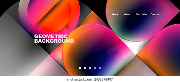 A vibrant geometric background featuring colorful circles and squares on a sleek black backdrop. The symmetry and colorfulness create a visually striking piece of art