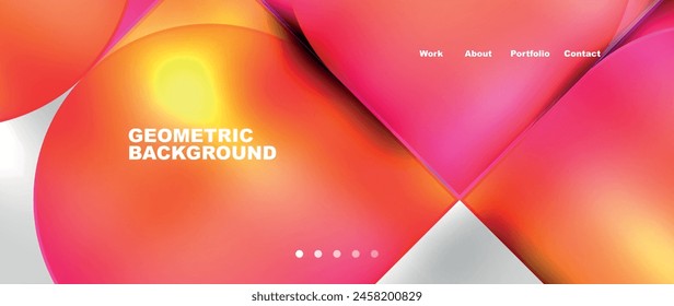 A vibrant geometric background featuring colorful circles in shades of orange, magenta, and peach on a white backdrop, resembling a textile design with elements like rectangles and triangles