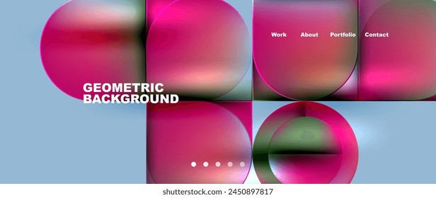 Un fondo geométrico vibrante con círculos y cuadrados rosas sobre un fondo azul, creando un diseño colorido y dinámico con un toque de tonos púrpura y violeta
