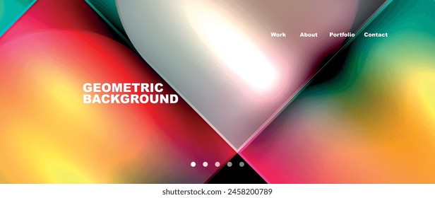 A vibrant geometric background featuring rectangles, triangles, and patterns in shades of electric blue and magenta, with a blurred macro photograph of a heart in the center