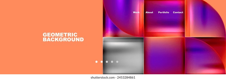 A vibrant geometric background featuring squares and circles in shades of magenta, violet, and electric blue on an orange backdrop