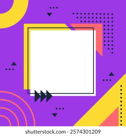 Vibrant geometric background featuring a white square frame surrounded by colorful shapes, triangles, and dynamic patterns, creating a modern, playful design