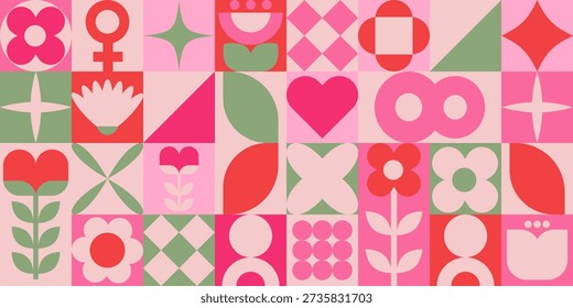 Vibrant geometric banner featuring floral and abstract shapes in pink tones