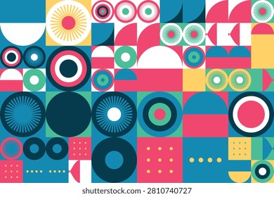 Vibrant geometric bauhaus-inspired pattern with concentric circles and bold color blocks