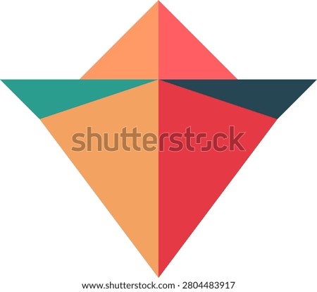 A vibrant geometric bird or kite emblem created with flat polygonal triangles in shades of red orange and teal blue.