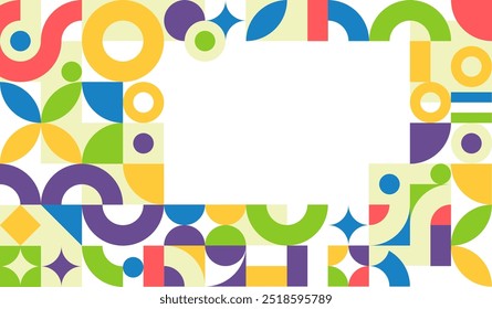 A vibrant geometric border made of diverse shapes and bright colors such as yellow, purple, and green. The empty space in the center allows for text or imagery to be added.