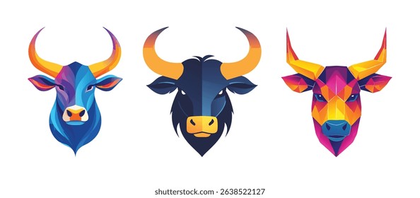 Vibrant Geometric Bull Heads Colorful Low Poly Animal Designs for Branding Logo and Art