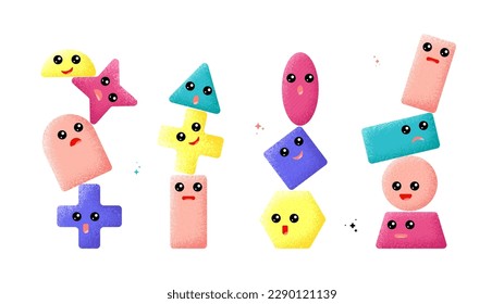 Vibrant geometric characters compositions. Abstract textures shapes with cute faces, isolated trendy figures. Children educational vector graphic