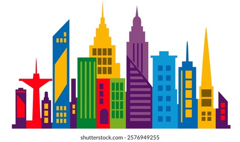 Vibrant and geometric cityscape featuring a mix of diverse architectural styles, highlighting modern skyscrapers and colorful designs