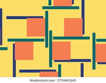 Blocos de cores geométricas vibrantes cruzando linhas em fundo amarelo brilhante , arte de parede abstrata