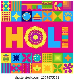 A vibrant geometric composition with colorful Holi-inspired motifs in a square format, created in a modern Indian style, isolated on a white background. This vector illustration is perfect 