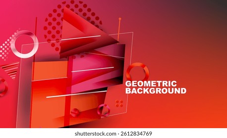 Vibrant geometric composition. Red, orange gradients dominate design. Shapes overlap creating dynamic visual effect. Modern abstract background suitable for various projects.