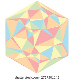 Eine lebendige geometrische Kristallform aus zahlreichen Dreiecken in sanften Pastelltönen, die ein facettiertes und modernes abstraktes Design schafft.